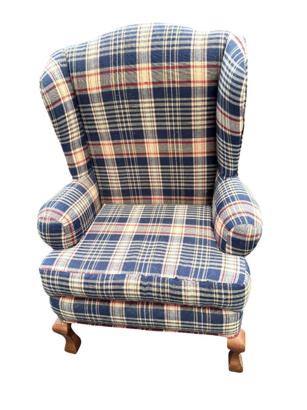 18" Doll Plaid Miniature Wingback Chair Wooden Legs - Doll Furniture Unique Deco